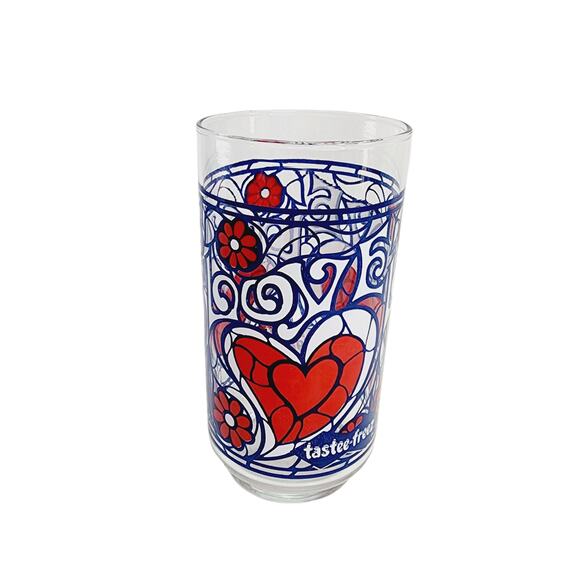 Vintage Tastee Freez Big T Red & Blue Love and Flower Pattern Drinking Glass - Picture 1 of 9